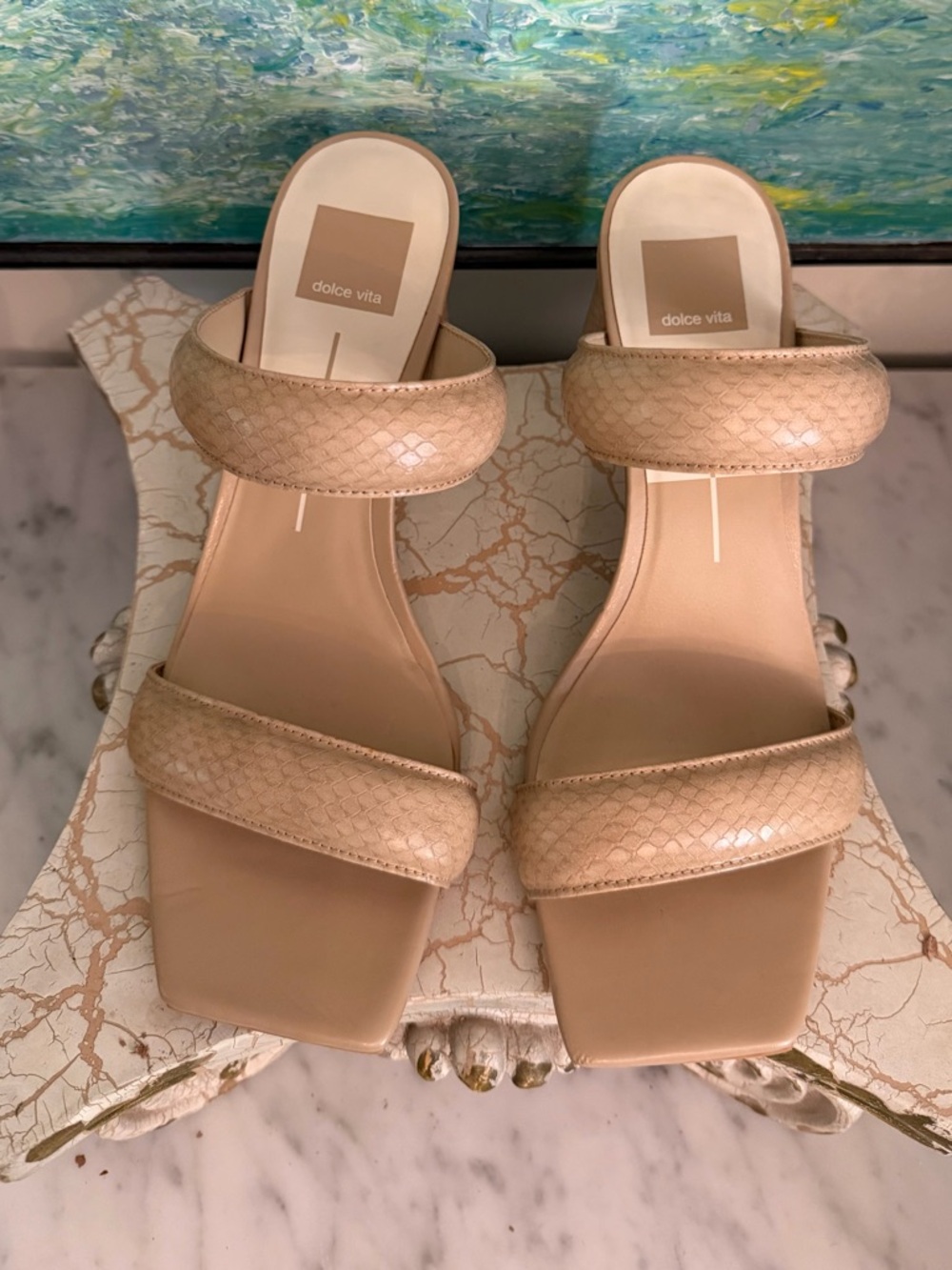 Dolce Vita Beige Two-Strap Square-Toe Slide Sandals